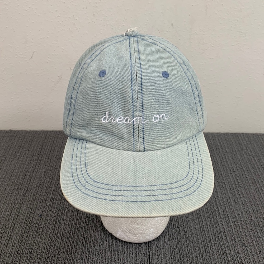Dream on Distressed Baseball Hat Womens OSFM Light Blue Faded Denim Strapback